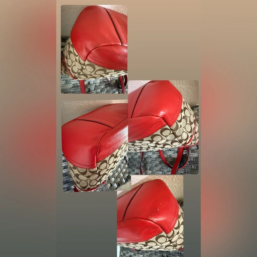 Coach Signature Canvas Tote w/ Red Coral Leather Trim – F23297 - Picture 7 of 16